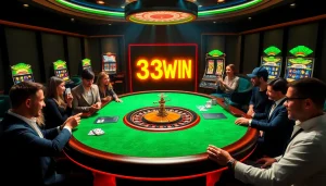 Engaged gamblers enjoy a thrilling session at 33WIN casino, featuring vibrant tables and roulette wheels.
