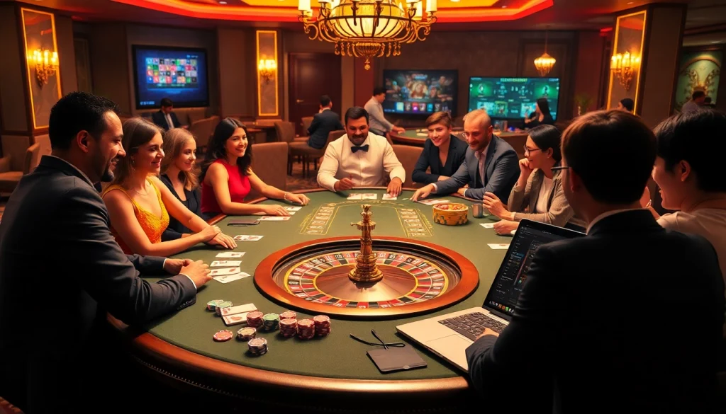 Players enjoying poker and blackjack at F8Bet casino table with colorful chips and cards.