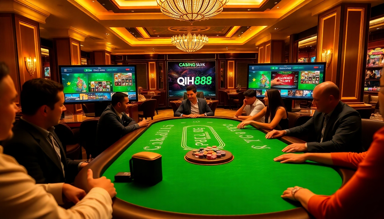 Engaged players at the qh88 casino table, showcasing excitement in gambling strategies.
