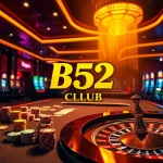 B52 Club casino scene with vibrant poker chips and a glowing roulette wheel.