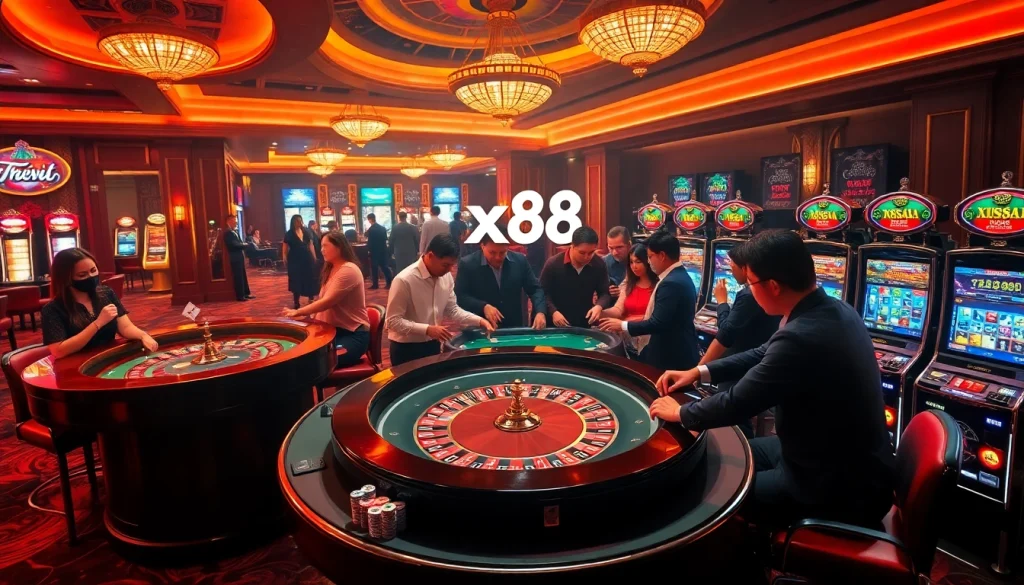 Excited players engaging at the XX88 casino table with vibrant roulette and slot machines.