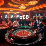 Excited players engaging at the XX88 casino table with vibrant roulette and slot machines.
