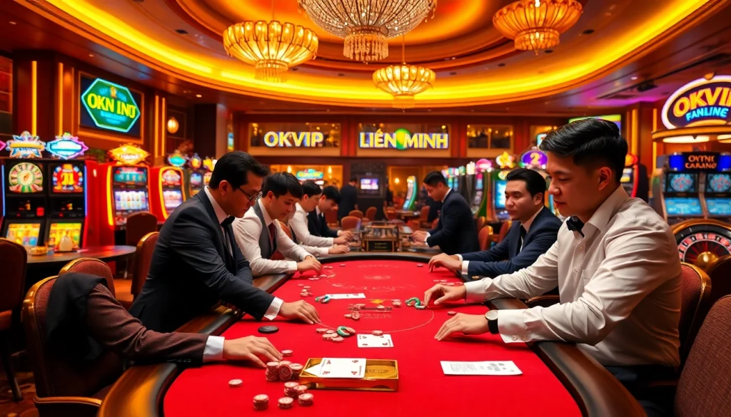 Experience the thrill of casino gaming at OKVIP LIÊN MINH with vibrant tables and excited players.