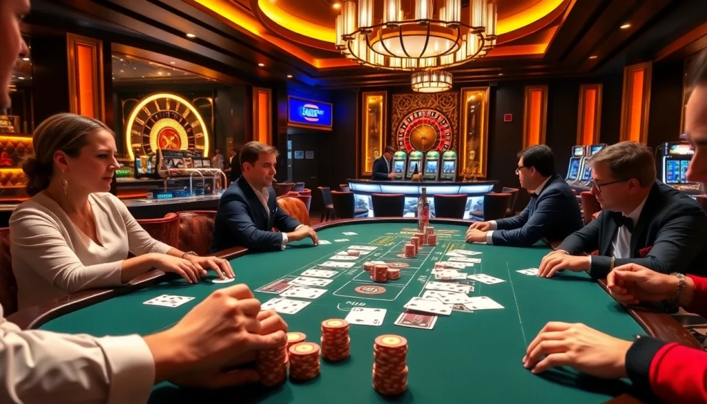 Experience the excitement of qq88 co com with players engaged in an intense poker game amidst a luxurious casino scene.