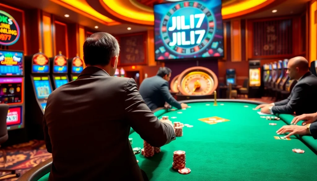 Players at JILI7 poker tables enjoy thrilling bets in a luxury casino setting.