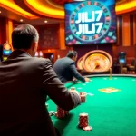 Players at JILI7 poker tables enjoy thrilling bets in a luxury casino setting.