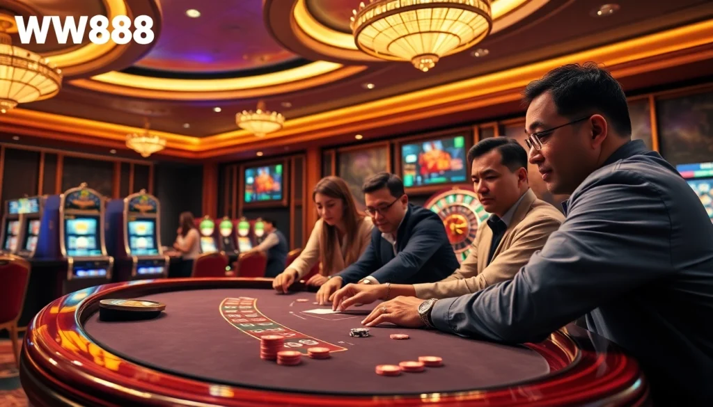 Experience the thrill of WW88 in an elegant casino setting with poker tables and roulette wheels.