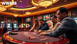 Experience the thrill of WW88 in an elegant casino setting with poker tables and roulette wheels.