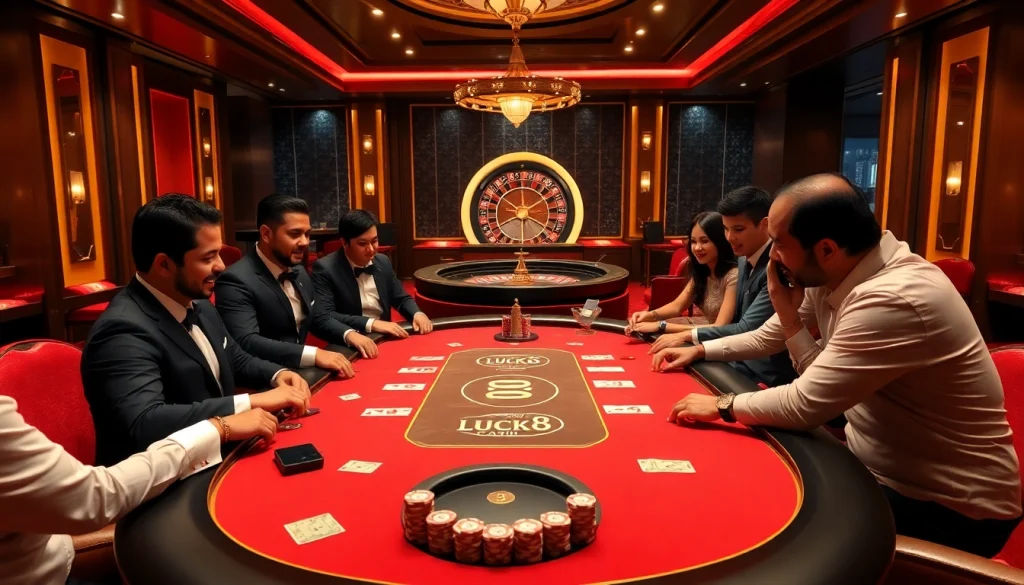 Trò chơi động tại bàn poker LUCK8 trong một casino sang trọng.