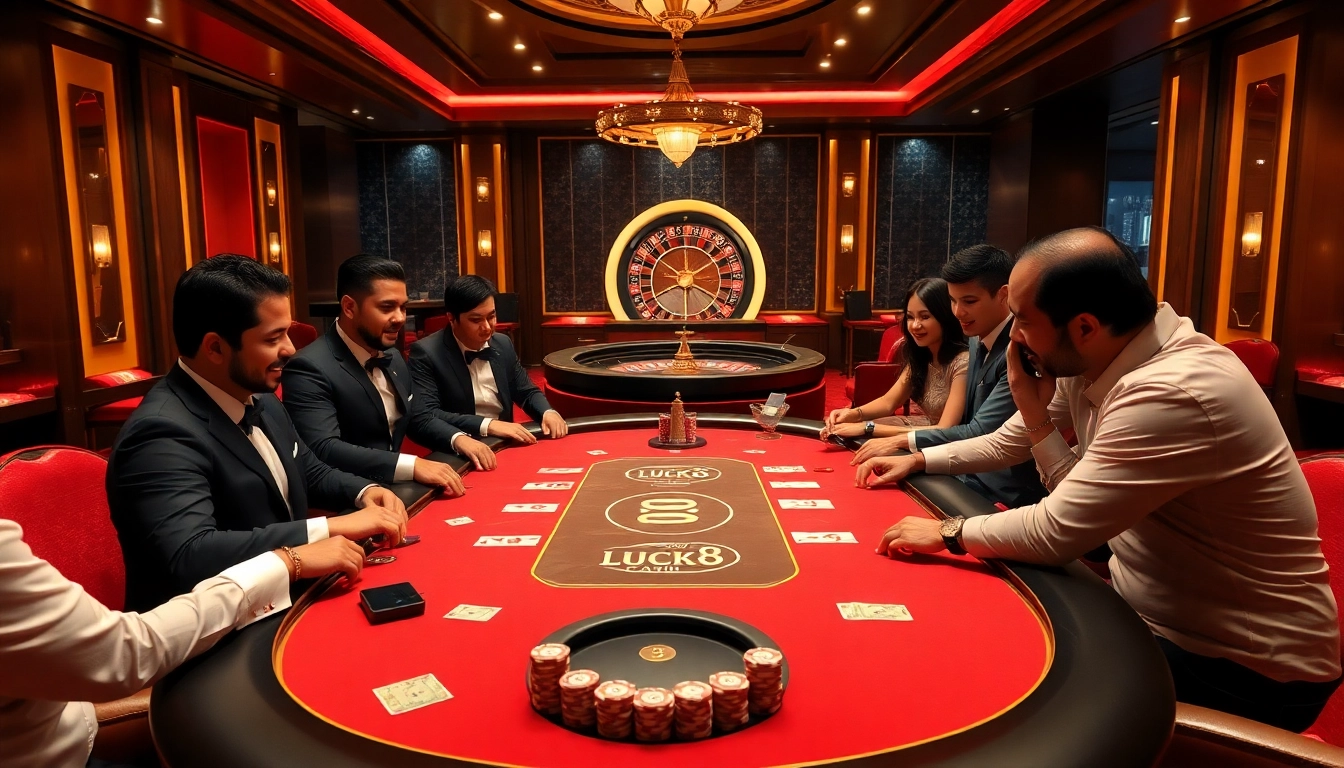 Trò chơi động tại bàn poker LUCK8 trong một casino sang trọng.