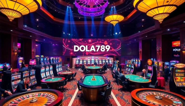 DOLA789 casino action featuring vibrant roulette wheels and engaged players in a luxurious setting.