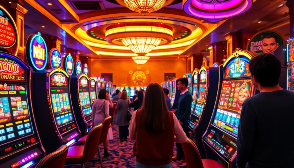 Players enjoying nổ hũ slot machines in a vibrant casino setting.