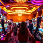 Players enjoying nổ hũ slot machines in a vibrant casino setting.