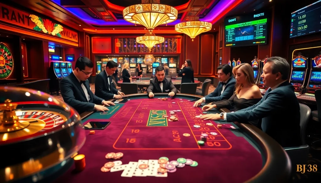 Players engaging at the BJ38 casino table with vibrant chips and high-stakes excitement.