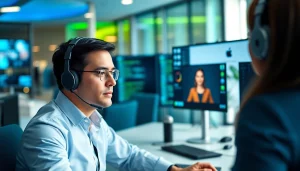 Headhunter IT conducting a video interview in a modern office setting.