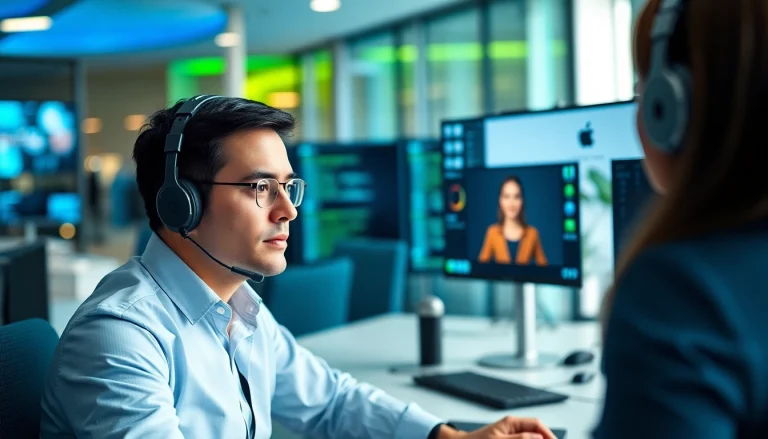 Headhunter IT conducting a video interview in a modern office setting.