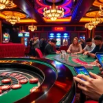 Experience the vibrant excitement of game 98win at a luxurious online casino with colorful slot machines and lively gamblers.