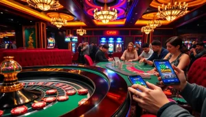 Experience the vibrant excitement of game 98win at a luxurious online casino with colorful slot machines and lively gamblers.