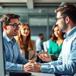 Headhunter IT engaging with a candidate in a professional office setting, showcasing collaboration.