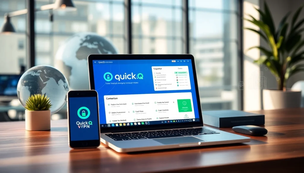 QuickQ下载 - 一个专业工作空间，展示在笔记本电脑和智能手机上运行的 QuickQ VPN 应用，强调安全性与用户体验。