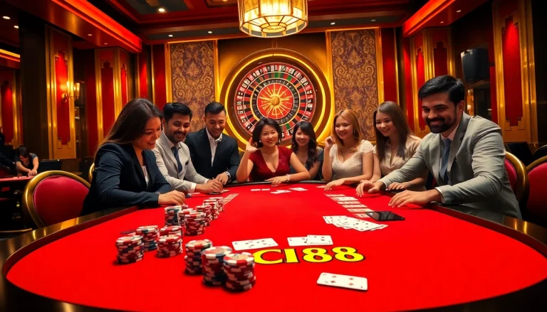 Excited players engage at the XOCDIA88 gaming table, showcasing vibrant casino elements.