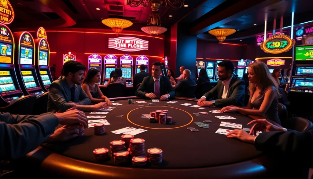 Experience thrilling BDTK1 gaming action at a luxurious casino, featuring poker tables and vibrant slot machines.