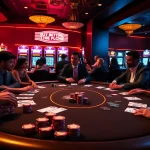 Experience thrilling BDTK1 gaming action at a luxurious casino, featuring poker tables and vibrant slot machines.