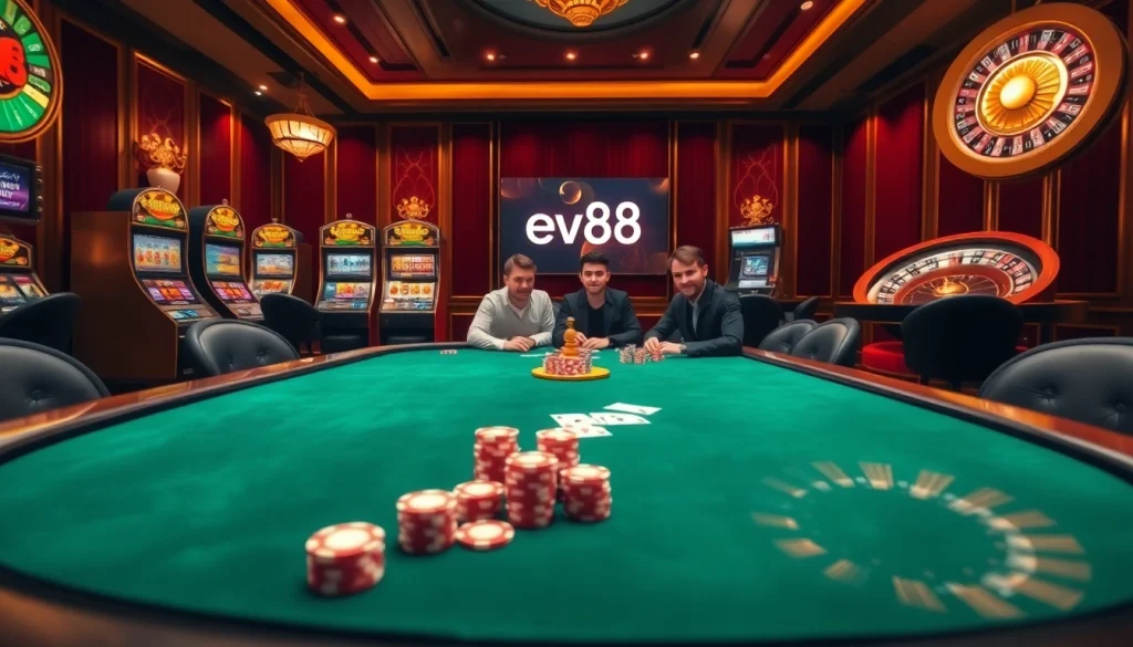 Experience the thrill of ev88 at a high-stakes poker table with vibrant casino visuals.