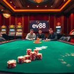 Experience the thrill of ev88 at a high-stakes poker table with vibrant casino visuals.