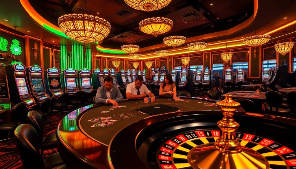 Nohu-themed luxurious casino scene with poker players, roulette wheel, and vibrant slot machines.
