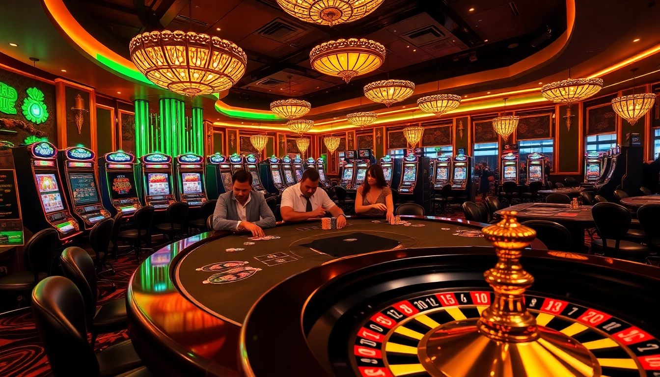Nohu-themed luxurious casino scene with poker players, roulette wheel, and vibrant slot machines.