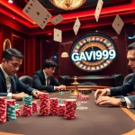 GAVIP999 showcases intense poker action with professional players and vibrant casino elements.