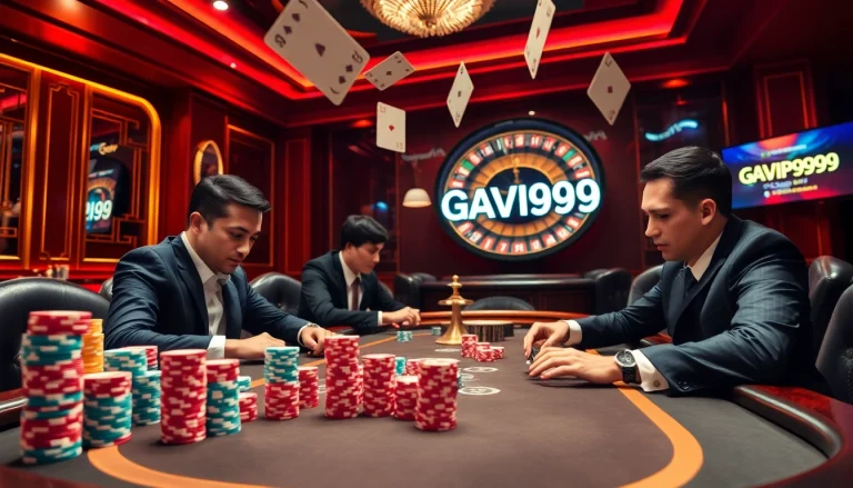 GAVIP999 showcases intense poker action with professional players and vibrant casino elements.
