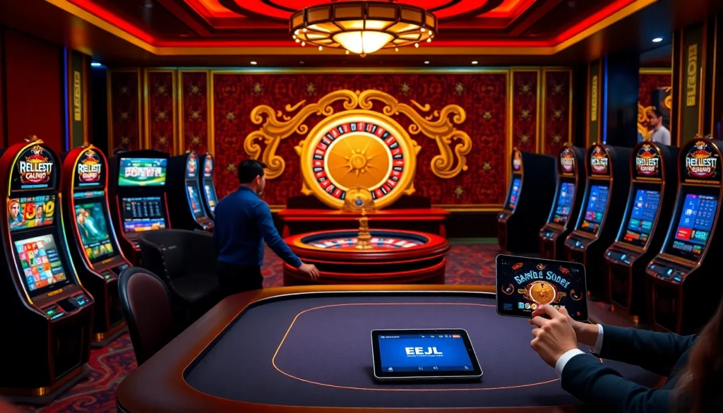 Experience the excitement of EEJL with vibrant casino games, poker tables, and online betting interfaces.