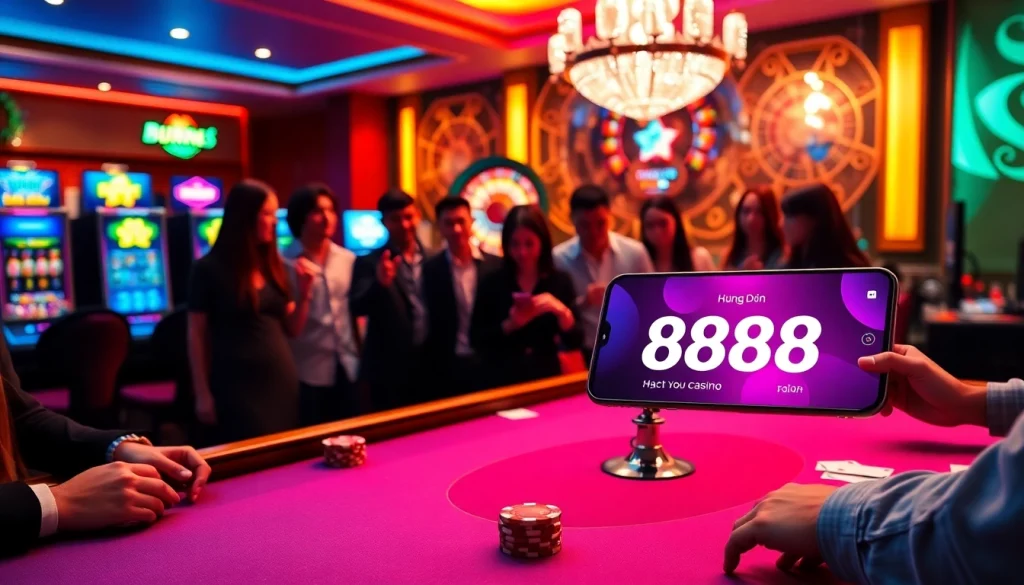 Experience Hướng Dẫn 888new with engaging poker gameplay at a luxury casino table featuring vibrant lighting.