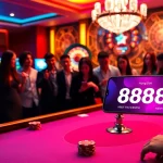 Experience Hướng Dẫn 888new with engaging poker gameplay at a luxury casino table featuring vibrant lighting.