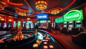 bem88 players enjoying an immersive casino experience at roulette and slot machines.