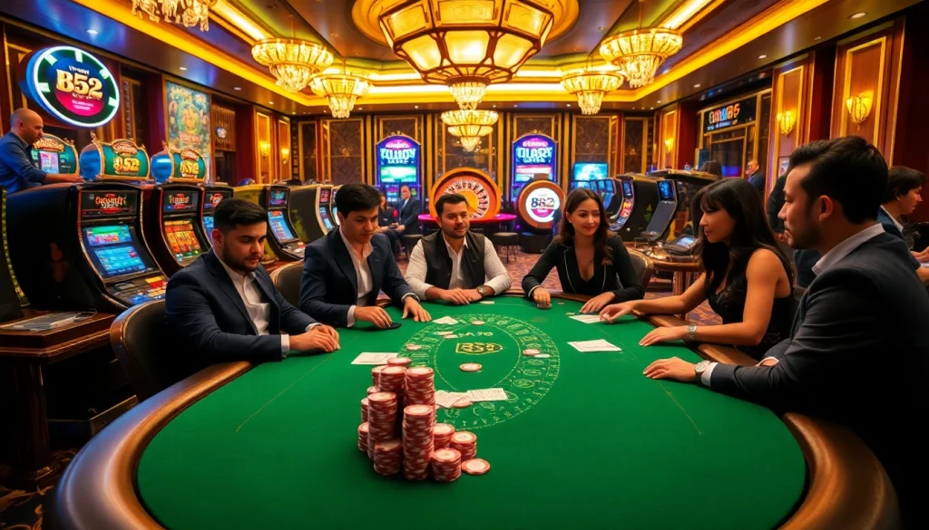 B52 Club poker game showcasing excitement with players and luxury gaming tables.
