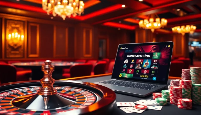 Experience the thrill of gamebaidoithuong at an elegant casino table with vibrant poker chips.