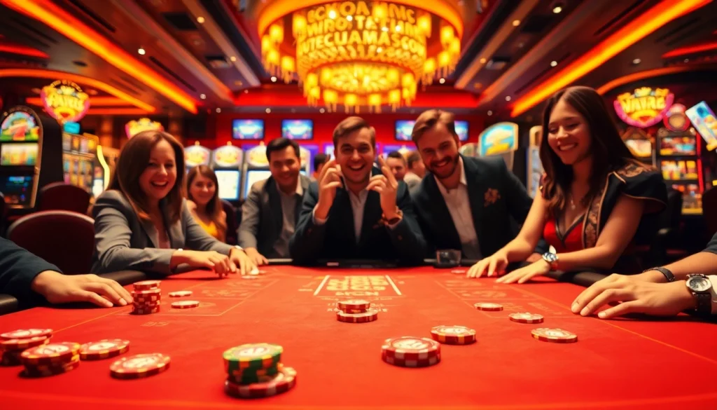 Online casino játékosok izgalmas pillanata, élénk fények és gazdag környezet között.