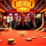 Online casino játékosok izgalmas pillanata, élénk fények és gazdag környezet között.