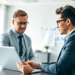 Headhunter IT berät Kunden in modernem Büro über IT-Talente.