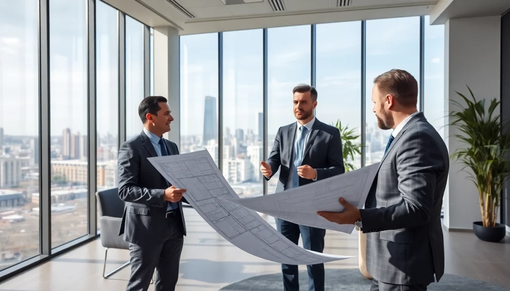 Beratung zur Flachdachsanierung in einem modernen Büro mit Experten und Plänen.