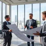 Beratung zur Flachdachsanierung in einem modernen Büro mit Experten und Plänen.