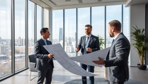 Beratung zur Flachdachsanierung in einem modernen Büro mit Experten und Plänen.