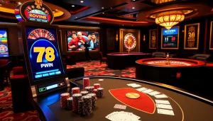 Winning excitement at 78WIN Casino with poker chips, cards, and a spinning roulette wheel.