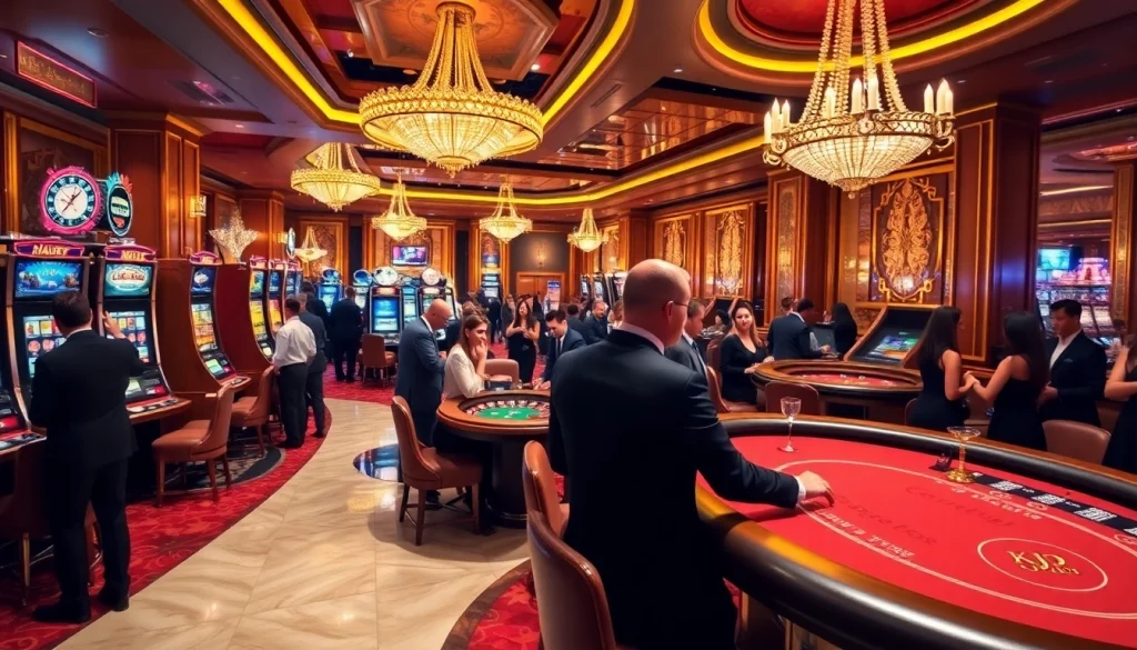 KJC players enjoying an exciting casino atmosphere with slot machines and poker tables.