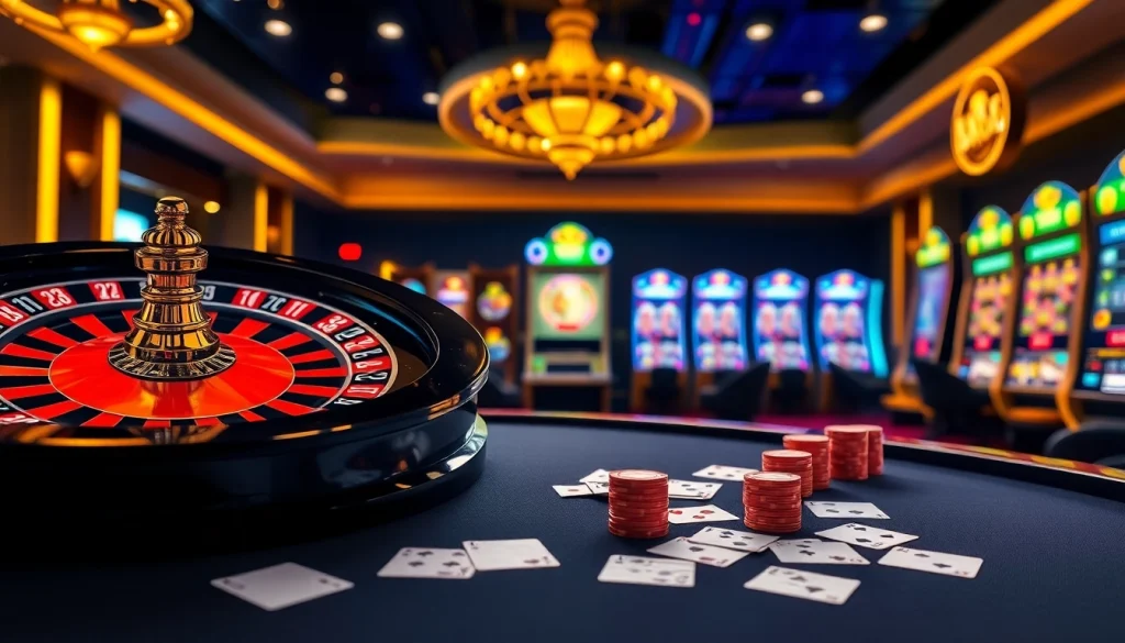 Experience thrilling gambling moments with BJ388 at a luxurious casino table filled with poker cards and chips.