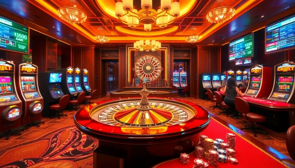 Experience thrilling gambling at EEJL's vibrant casino, featuring roulette wheels and poker tables.