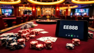 Hướng dẫn ee88 showcasing a vibrant casino scene with poker chips and a digital betting app interface.